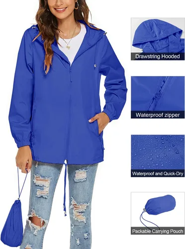 Vista 2 de Avoogue Chaqueta impermeable para mujer, ligera, transpirable, con capucha, rompevientos activos con bolsillo
