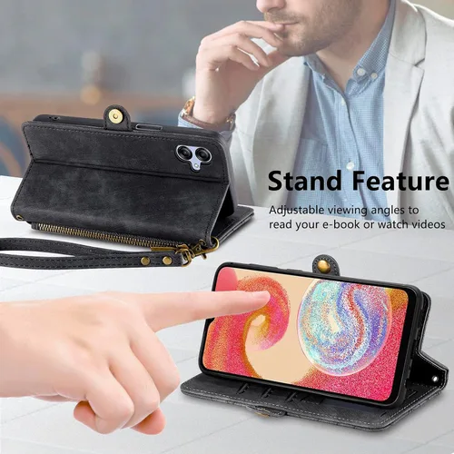 Vista 2 de Asuwish Funda para teléfono Samsung Galaxy A04e con protector de pantalla de vidrio templado y correa para la muñeca de cuero con cremallera