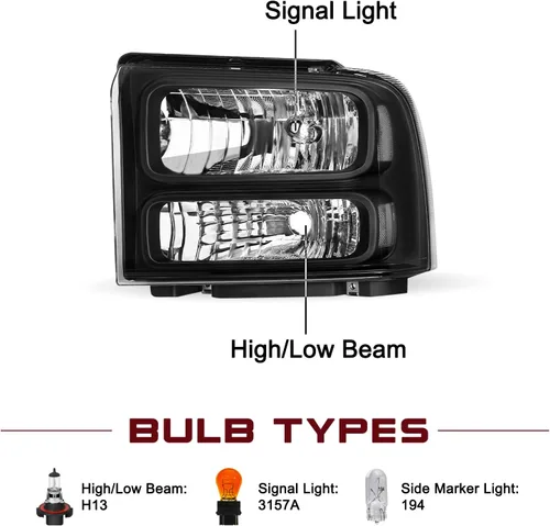 Vista 4 de JSBOYAT Juego de faros con bombillas y arnés de reemplazo para Ford F250 F350 F450 F550 Super Duty 99-04 / Ford Excursion 00-04 lado del conductor