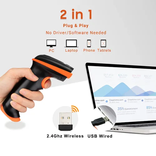 Vista 7 de Tera Escáner de código de barras QR 1D 2D inalámbrico con soporte, resistente industrial IP66 Drop & 1D 2D QR Escáner de código de barras
