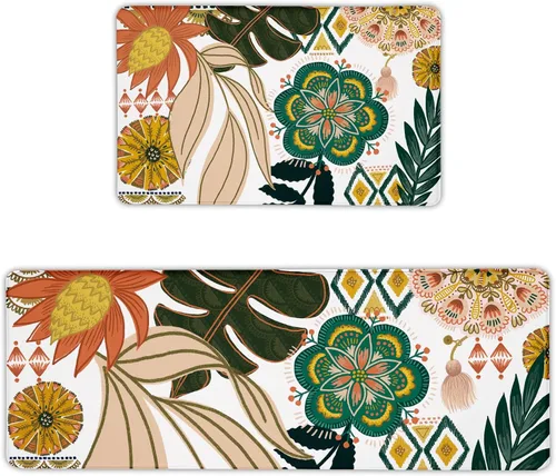 Vista 10 de Tyrot Alfombras de cocina negras estilo boho azteca, juego de 2 tapetes acolchados antifatiga, alfombras de espuma de estilo occidental para cocina