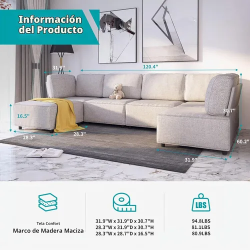 Vista 6 de BALUS Sofá modular en forma de U, sofá de gran tamaño en forma de L con otomana, sofá cama combinado libre con diván reversible para sala de estar