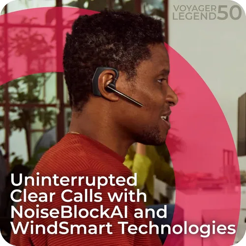 Vista 4 de Poly Voyager Legend 50-M - Auriculares Bluetooth, funda de carga, cancelación de ruido alimentada por IA, tecnología WindSmart de 4 micrófonos