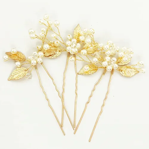 Vista 4 de Juego de 3 horquillas para el pelo de boda con forma de U y hojas doradas, accesorios para la cabeza para novias, mujeres, niñas, fiestas, juego de 3
