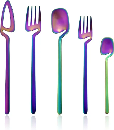 Vista 11 de Juego de cubiertos dorados mate, 20 piezas de cubiertos de acero inoxidable 304 colgantes para 4, juego de utensilios de cocina con acabado Oro