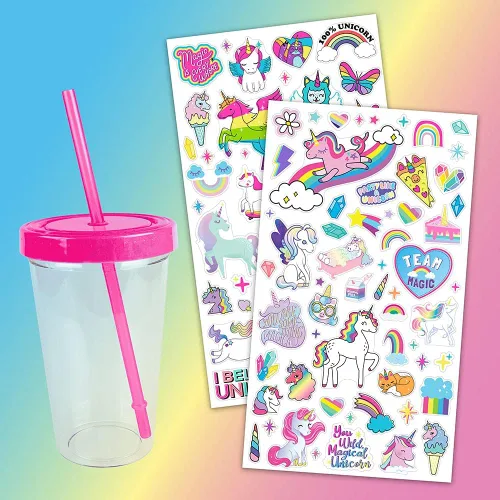 Vista 3 de Fashion Angels Kit de diseño de vaso de unicornio arcoíris, 2 hojas de calcomanías rellenas con 100 calcomanías impermeables para decorar 1 vaso