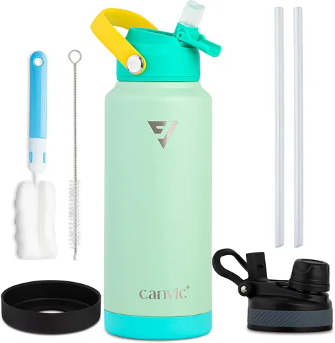 Vista 12 de Canvic DualSip - Botella de agua de acero inoxidable aislada al vacío de 32 onzas, 2 tapas a prueba de fugas (pajilla y pico), boca ancha, sin BPA