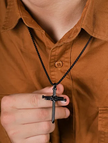 Vista 4 de HAQUIL Collar de cruz para hombre, colgante de cruz simple de acero inoxidable, cadena de caja, regalo de joyería de cruz