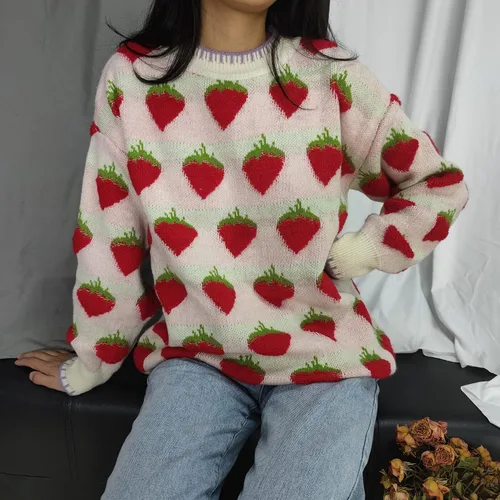 Vista 3 de Suéter de punto con naranjas para mujer, casual, holgado, manga larga, suéter sin botones