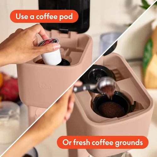 Vista 3 de BELLA Cafetera individual, para cápsulas K-Cup y café molido, bandeja de goteo ajustable y removible, apagado automático y accesorios aptos