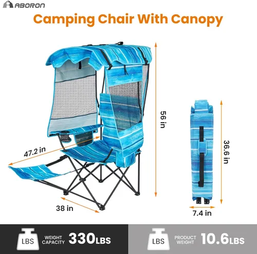 Vista 2 de ABORON Silla de camping con toldo, silla de playa plegable con sombra, silla portátil para exteriores con portavasos y bolsa refrigeradora