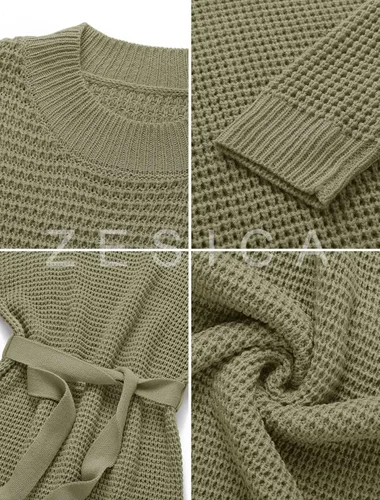 Vista 4 de ZESICA - Vestido de tejido de punto gofre con lazo en la cintura y manga larga para mujer estilo túnica de un solo color sin botones