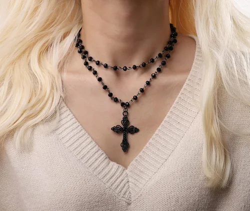 Vista 2 de Sacina Layered Black Beaded Choker, Goth Gothic Emo Punk Grunge Necklace