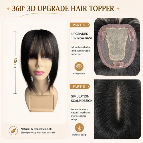 Vista 2 de Peluca de cabello humano para mujer con flequillo, peluca con clip para cabello fino + base de cuero cabelludo de poliuretano de alta densidad