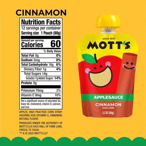 Vista 2 de Mott's Puré de manzana y canela, bolsas transparentes de 3.2 onzas, paquete de 20