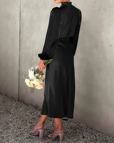 Vista 4 de BTFBM Vestido de satén con cuello alto falso para mujer, elegante, manga larga, cintura alta, formal, para boda, cóctel, fiesta, maxi vestidos