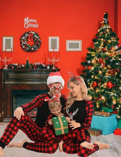 Vista 3 de SWOMOG Pijamas de Navidad familiares a juego, pijamas de Navidad para familia, parejas, adolescentes, niños, niñas, festival de ropa de dormir