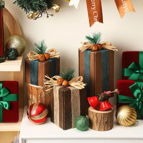 Vista 6 de 3 piezas de caja de regalos de madera de Navidad, decoración de centros de mesa de regalos a cuadros navideños, decoración de bandeja escalonada