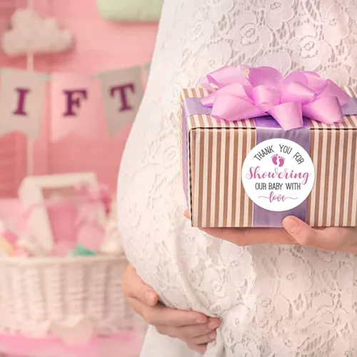Vista 6 de 50 calcomanías rosadas para baby shower, con texto en inglés "Thank You for Showering Our Baby with Love", regalos de baby shower para niñas