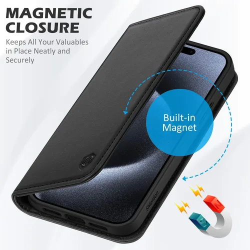 Vista 6 de SHIELDON - Funda tipo cartera de piel auténtica para iPhone 15 Pro de 6.1 pulgadas 2023, color negro Magnetic Closure, RFID Blocking, Credit Card