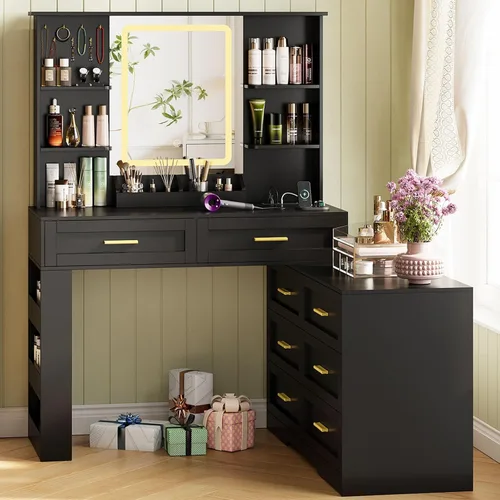 Vista 2 de ELYKEN Tocador de maquillaje con cómoda, escritorio de tocador con estación de carga y espejo iluminado para dormitorio, mesa de tocador