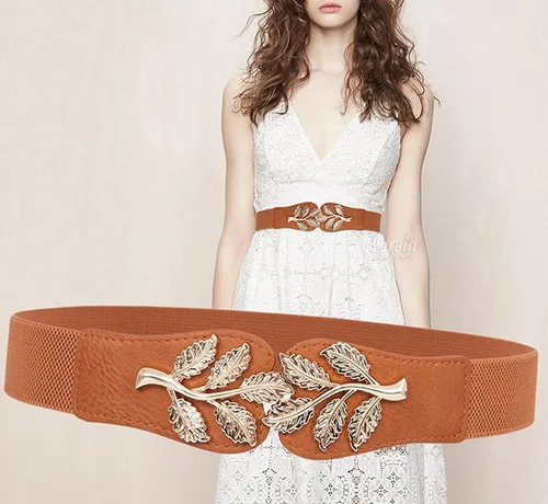 Vista 6 de slenyubridal Mujer Vintage de ancho elástico cinturón hojas de metal retro Cinch cinturón