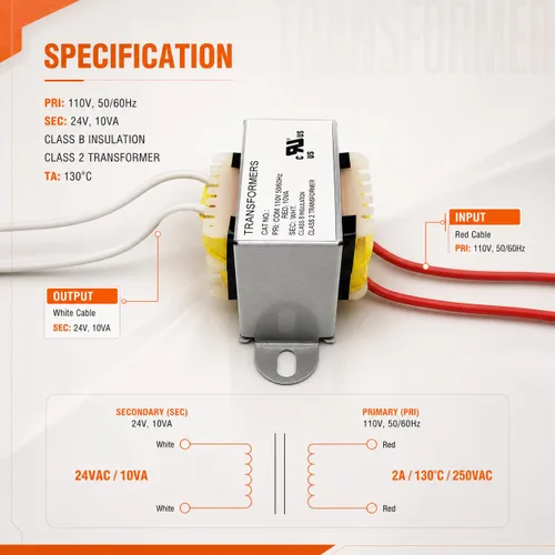 Vista 4 de Transformador de 24 V 10 VA, certificado UL (E477055) Transformadores de control reductor de 120 V a 24 V CA, 12% menos de calor para audio