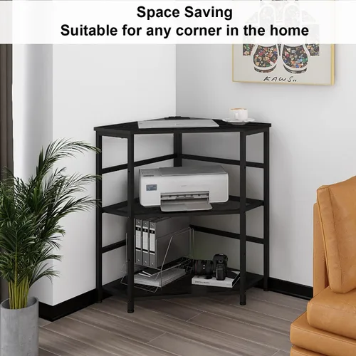 Vista 7 de VEDECASA Soporte de esquina para impresora con mesa, toma de corriente, puertos USB, estante de almacenamiento ajustable, soporte para torre de Negro