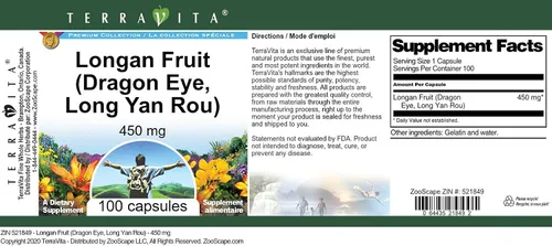 Vista 3 de Fruta Longan (Ojo de Dragón, Long Yan Rou) - 450 mg (100 Cápsulas, ZIN: 521849)