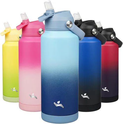 Vista 34 de Konokyo Botella de agua aislada con tapa de pajilla, botella de metal al vacío de acero inoxidable de 18 onzas con mango de silicona, color negro