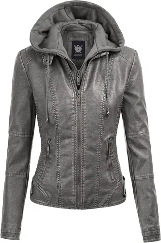 Vista 18 de Lock and Love Chaqueta Abrigo de Moto Motociclista de Piel Sintética para Mujer con Capucha Extraíble o No Extraíble Wjc1044_negro
