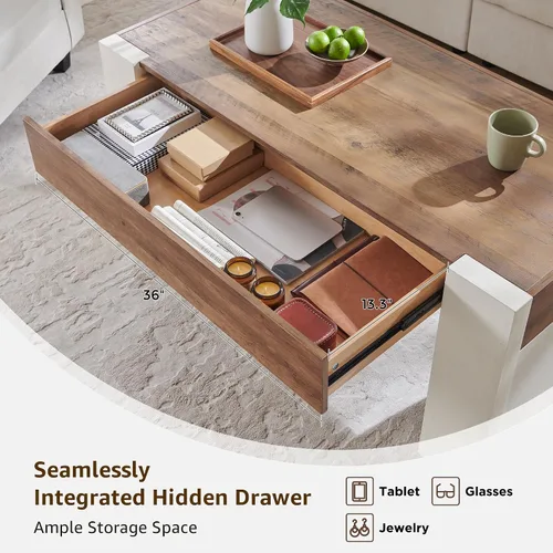 Vista 10 de OKD Mesa de café de 48" moderna estilo casa de campo, mesa de madera para sala de estar con cajón de almacenamiento oculto, mesas centrales