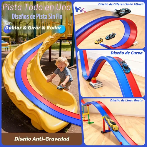 Vista 2 de Pista de carreras de doble carril con ventosas, pista de carreras flexible portátil enrollable, ventosas fundidas a presión 1/64 para edades de 3