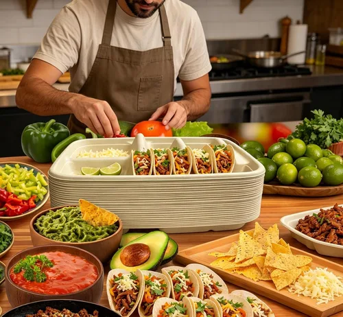 Vista 3 de Platos desechables para tacos para 2 tacos y 2 lados, paquete de 25 Platos de papel premium con divisores, soporte para tacos de fiesta, soporte
