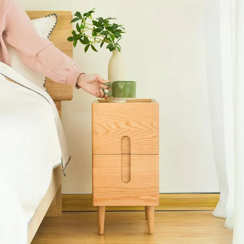 Vista 8 de Mesita de noche moderna de mediados de siglo, mesita de noche estrecha, mesa auxiliar minimalista para dormitorio, mesas de noche de 2 cajones