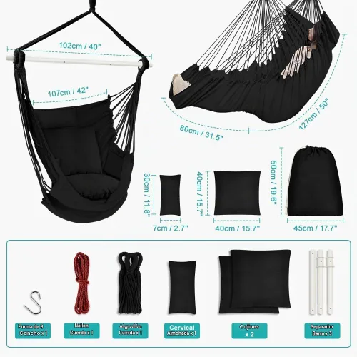 Vista 3 de Outerman Silla tipo hamaca, silla colgante con 3 cojines y soporte para los pies, barra separadora de metal resistente con un máximo de 500 libras