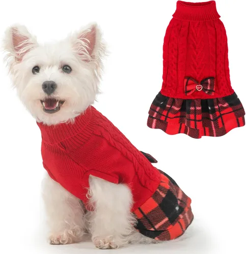 Vista 8 de BEAUTYZOO Vestido de suéter para perrita, suéter de punto trenzado para perritas pequeñas - Suéter de cuello alto con falda a cuadros y moño Beige