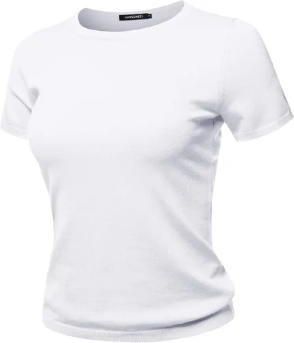 Vista 3 de Suéter de punto de viscosa de manga corta con cuello redondo liso para mujer