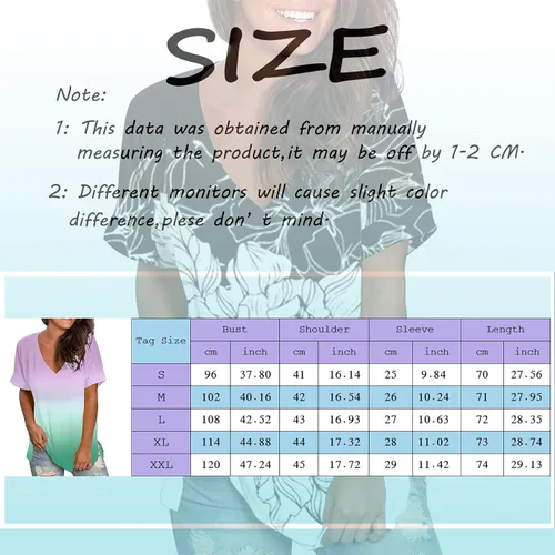 Vista 6 de Camisetas básicas de verano para mujer, con bloques de color, lindas camisetas con estampado degradado, cuello en V, manga corta, con abertura