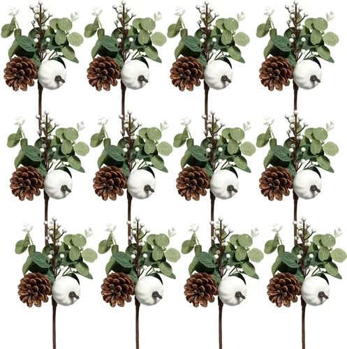 Vista 8 de 6 tallos de vegetación de hojas artificiales de eucalipto con piñas de calabaza blancas para decoración de mesa de boda, otoño, día de Acción
