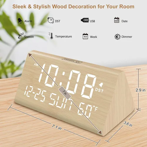 Vista 7 de DreamSky Reloj despertador digital para dormitorios, reloj de escritorio de madera con fecha, día de la semana, puerto USB, temperatura, atenuador