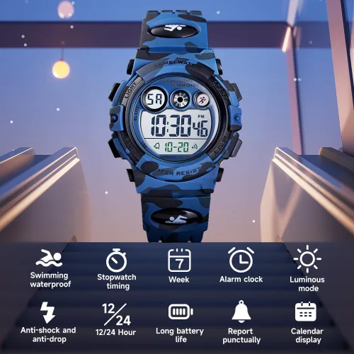 Vista 2 de Silike Reloj de pulsera digital para niños con alarma, cronómetro, función de temporizador para niños y niñas (6 a 15 años), color azul militar