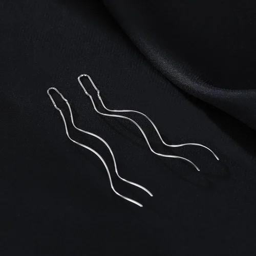 Vista 4 de Reffeer Pendientes sólidos de plata de ley 925 con borla curvada doble lineal para mujeres y adolescentes