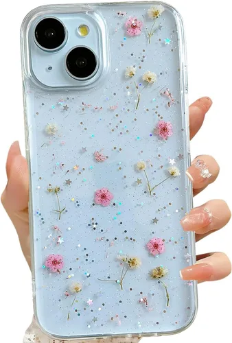 Vista 50 de LSEEKA Funda transparente para iPhone 11 con diseño de flores prensadas reales, linda y brillante, patrón floral rosa, funda protectora delgada
