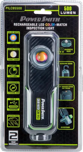 Vista 11 de PowerSmith Luz de inspección LED recargable de 500 lm (CRI 95+), dos temperaturas de color 5000K/3500K, gancho colgante, base magnética con cable