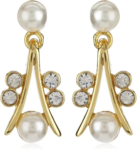 Vista 5 de Slaksworld Exquisito juego de collar de perlas blancas y circonitas cúbicas bañadas en tono dorado con aretes para mujeres y niñas. El juego