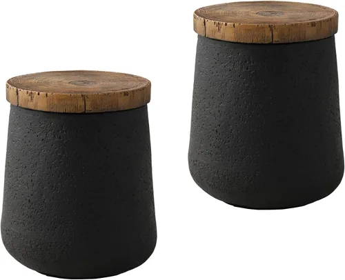 Vista 7 de COSIEST Mesa auxiliar para exteriores, mesa auxiliar de tambor, parte superior de madera sintética, base negra con tronco de árbol pintada a mano