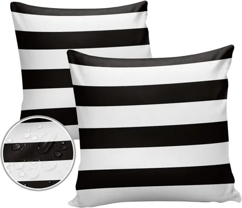 Vista 28 de Fundas de almohada de exterior impermeables de 16 x 16 pulgadas, fundas de almohada de poliéster con rayas blancas y negras, fundas decorativas