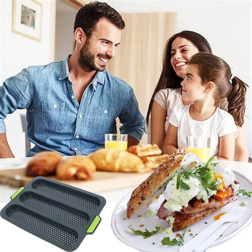 Vista 6 de Molde de silicona para baguette antiadherente, 3 ondas, pan francés para hornear (gris B)