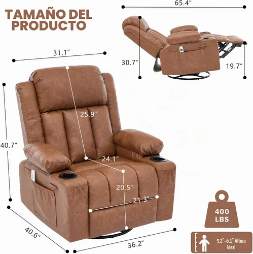 Vista 2 de Rocker - Silla reclinable con calor y masaje, silla reclinable giratoria de 360° para adultos, asiento de sofá individual reclinable de gran